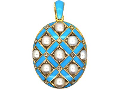 Victorian 18ct Gold & Blue Enamel Locket set with Natural Split Pearls & Rose Diamonds