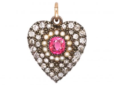 Edwardian 15ct Gold & Silver, Heart Shaped Pendant set with a Pink Tourmaline, Diamonds & Natural Split Pearls