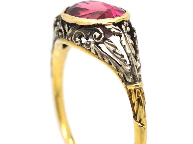 Late 19th Century French Import 18ct Gold & Silver Ring set with a Pink Tourmaline with Leaf Detail