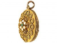 Georgian Three Colour Gold Round Locket set with Emeralds & Natural Split Pearls