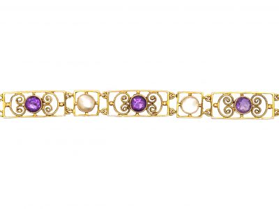 Edwardian 9ct Gold, Amethyst & Blister Pearl Bracelet Retailed by Murrle Bennett & Co