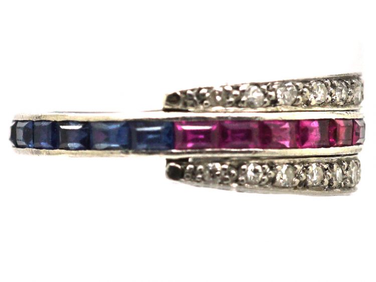 Art Deco 18ct White Gold Flip Over Ring set with Sapphires, Rubies & Diamonds