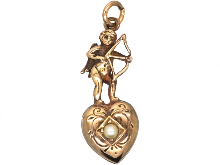 Edwardian 9ct Gold Cupid & Heart Pendant set with a Natural Split Pearl