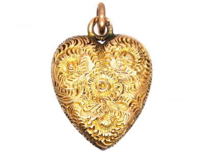 Edwardian 9ct Gold Repousse Heart Shaped Floral Pendant