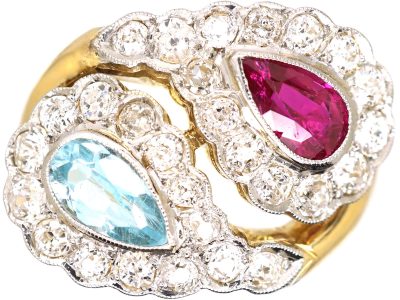 Mid 20th Century 18ct Gold & Platinum, Stylised Double Snake Ring set with a Ruby, Aquamarine & Diamonds