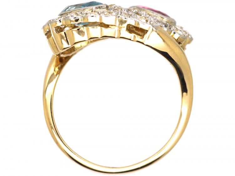 Mid 20th Century 18ct Gold & Platinum, Stylised Double Snake Ring set with a Ruby, Aquamarine & Diamonds