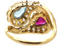 Mid 20th Century 18ct Gold & Platinum, Stylised Double Snake Ring set with a Ruby, Aquamarine & Diamonds