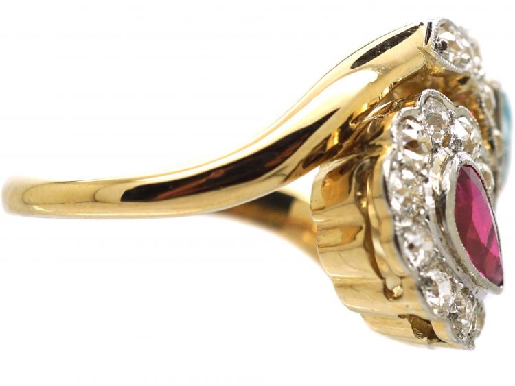 Mid 20th Century 18ct Gold & Platinum, Stylised Double Snake Ring set with a Ruby, Aquamarine & Diamonds
