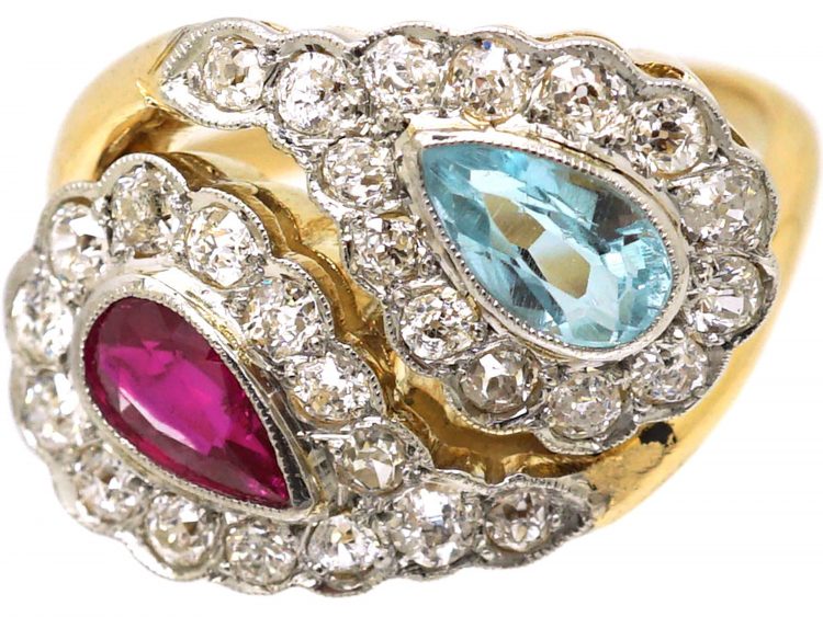 Mid 20th Century 18ct Gold & Platinum, Stylised Double Snake Ring set with a Ruby, Aquamarine & Diamonds