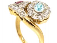 Mid 20th Century 18ct Gold & Platinum, Stylised Double Snake Ring set with a Ruby, Aquamarine & Diamonds