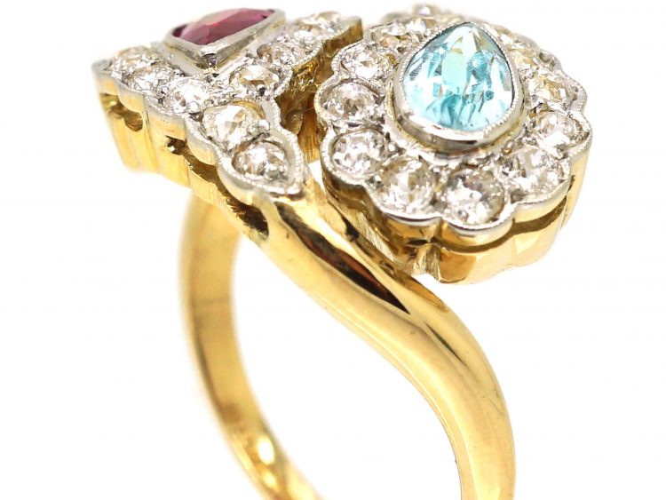 Mid 20th Century 18ct Gold & Platinum, Stylised Double Snake Ring set with a Ruby, Aquamarine & Diamonds