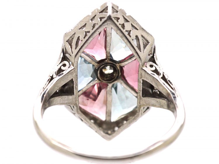 Art Deco 18ct White Gold Kite Shaped Ring set with Aquamarines & Pink Tourmalines
