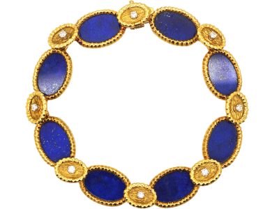 French Modernist 18ct Gold Bracelet set with Lapis Lazuli & Diamonds
