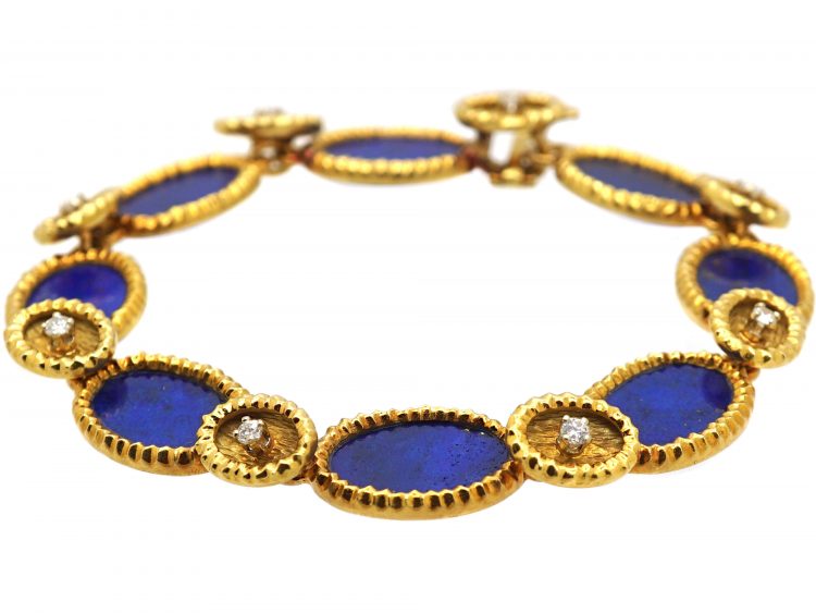 French Modernist 18ct Gold Bracelet set with Lapis Lazuli & Diamonds