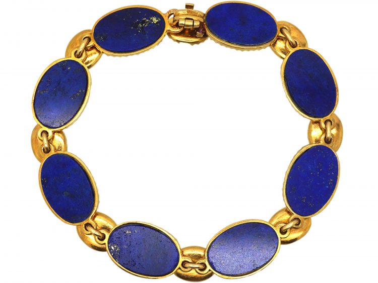 French Modernist 18ct Gold Bracelet set with Lapis Lazuli & Diamonds