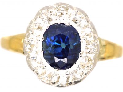 Victorian 18ct Gold & Silver, Sapphire & Diamond Oval Cluster Ring