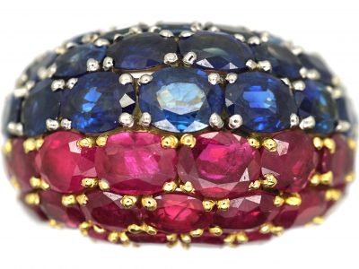 Large 1980s 18ct Gold French Bombe Ring set with Rubies & Sapphires