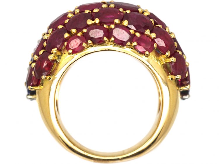 Large 1980s 18ct Gold French Bombe Ring set with Rubies & Sapphires