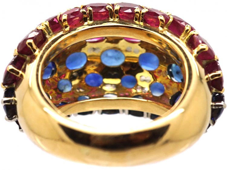 Large 1980s 18ct Gold French Bombe Ring set with Rubies & Sapphires
