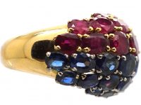 Large 1980s 18ct Gold French Bombe Ring set with Rubies & Sapphires