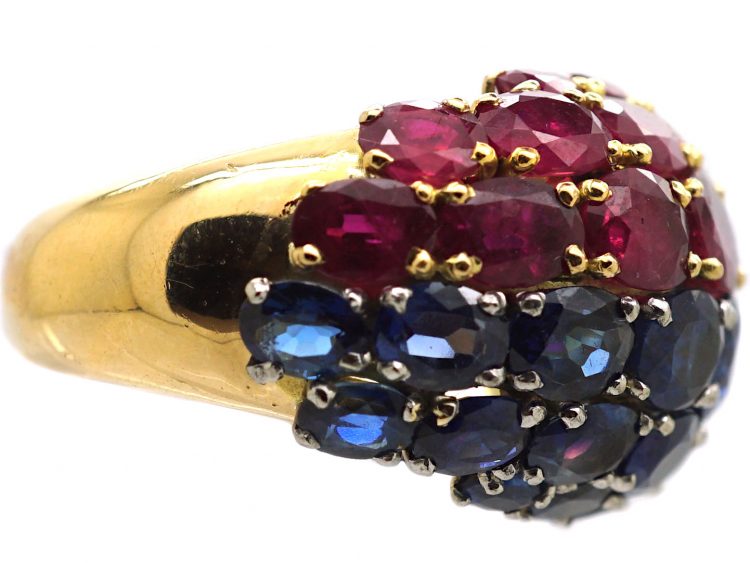 Large 1980s 18ct Gold French Bombe Ring set with Rubies & Sapphires