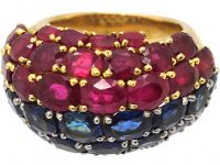 Large 1980s 18ct Gold French Bombe Ring set with Rubies & Sapphires
