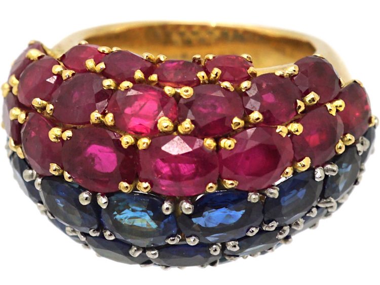 Large 1980s 18ct Gold French Bombe Ring set with Rubies & Sapphires