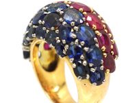 Large 1980s 18ct Gold French Bombe Ring set with Rubies & Sapphires