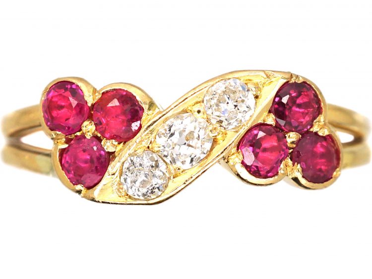 Edwardian 18ct Gold Twist Ring set with Diamonds & Rubies