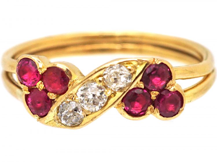 Edwardian 18ct Gold Twist Ring set with Diamonds & Rubies