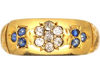 Victorian 18ct Gold Ring with Flower Motif set with Diamonds & Sapphires