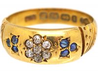Victorian 18ct Gold Ring with Flower Motif set with Diamonds & Sapphires
