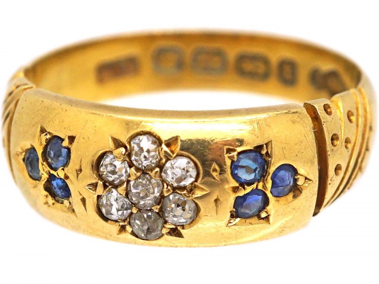 Victorian 18ct Gold Ring with Flower Motif set with Diamonds & Sapphires