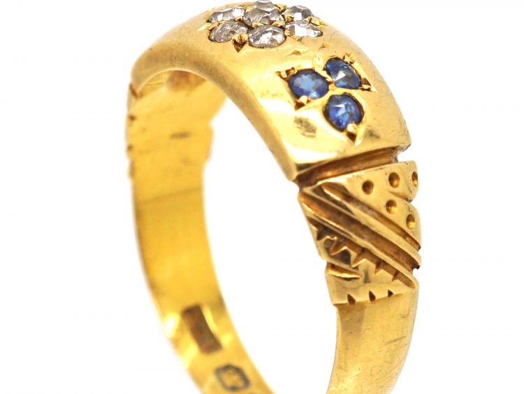 Victorian 18ct Gold Ring with Flower Motif set with Diamonds & Sapphires