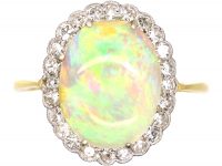 Edwardian 15ct Gold & Platinum, Cabochon Opal & Diamond Cluster Ring