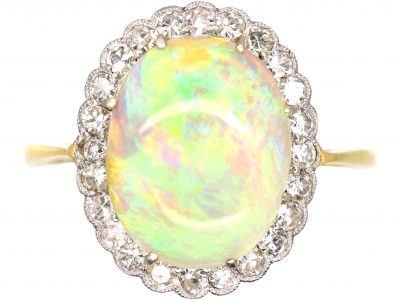 Edwardian 15ct Gold & Platinum, Cabochon Opal & Diamond Cluster Ring