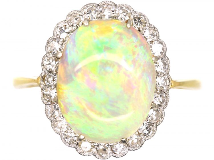 Edwardian 15ct Gold & Platinum, Cabochon Opal & Diamond Cluster Ring