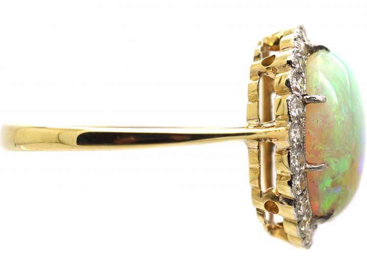 Edwardian 15ct Gold & Platinum, Cabochon Opal & Diamond Cluster Ring