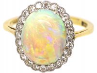 Edwardian 15ct Gold & Platinum, Cabochon Opal & Diamond Cluster Ring