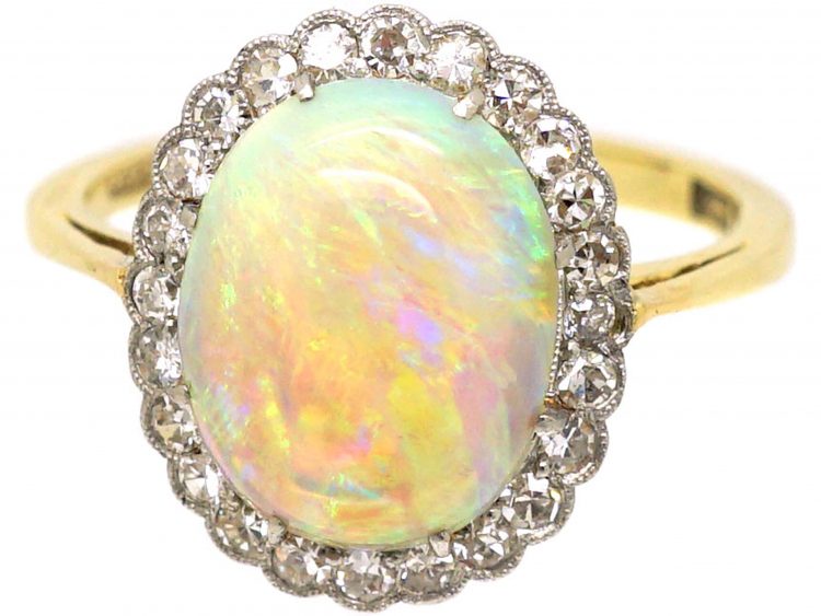 Edwardian 15ct Gold & Platinum, Cabochon Opal & Diamond Cluster Ring