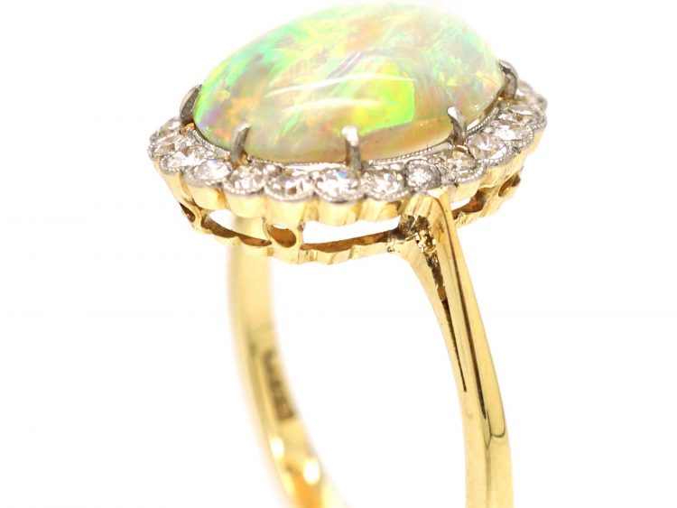 Edwardian 15ct Gold & Platinum, Cabochon Opal & Diamond Cluster Ring