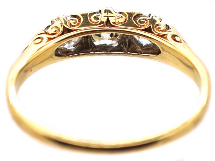 Edwardian 18ct Gold Carved Half Hoop Three Stone Diamond Ring