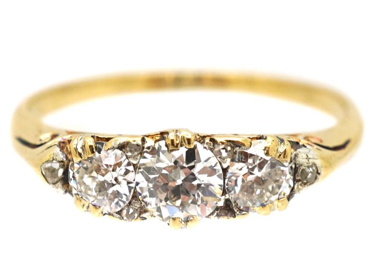 Edwardian 18ct Gold Carved Half Hoop Three Stone Diamond Ring