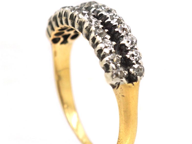 Georgian 15ct Gold & Silver Two Row Ring set with Old Mine Cut Diamonds