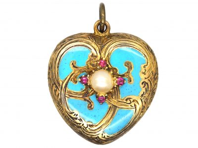 Regency 15ct Gold, Turquoise Enamel, Natural Split Pearl & Ruby Heart Shaped Pendant