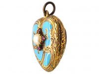 Regency 15ct Gold, Turquoise Enamel, Natural Split Pearl & Ruby Heart Shaped Pendant