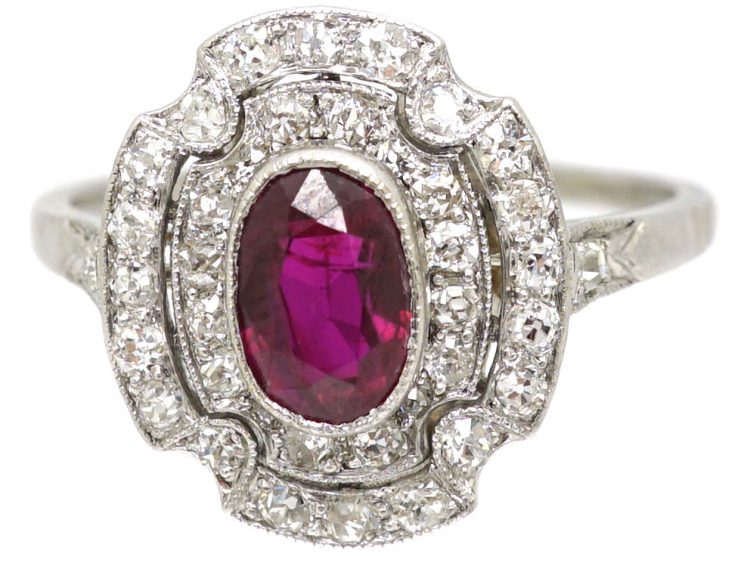 Art Deco Platinum, Ruby & Diamond Unusual Cluster Ring