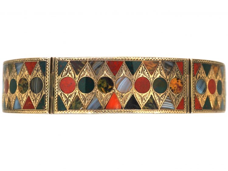 19th Century Scottish 9ct Gold Bangle with Bloodstone, Jasper & Agate Inlay