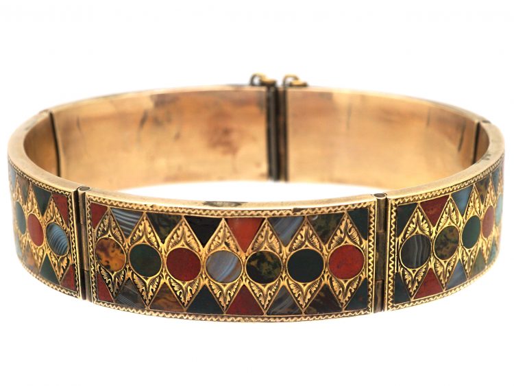 19th Century Scottish 9ct Gold Bangle with Bloodstone, Jasper & Agate Inlay
