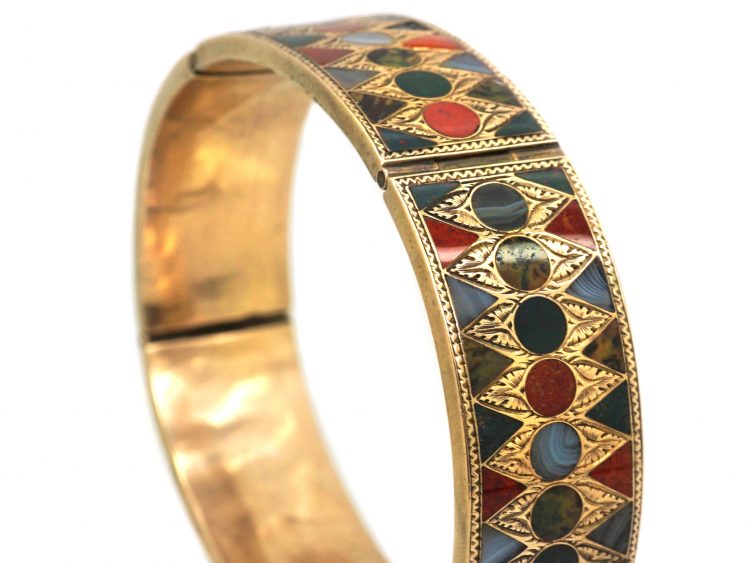 19th Century Scottish 9ct Gold Bangle with Bloodstone, Jasper & Agate Inlay